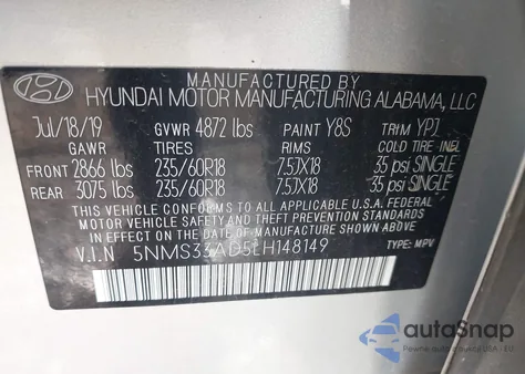 2020 Hyundai Santa Fe Sel from USA, damaged, VIN 5NMS33AD5LH148149